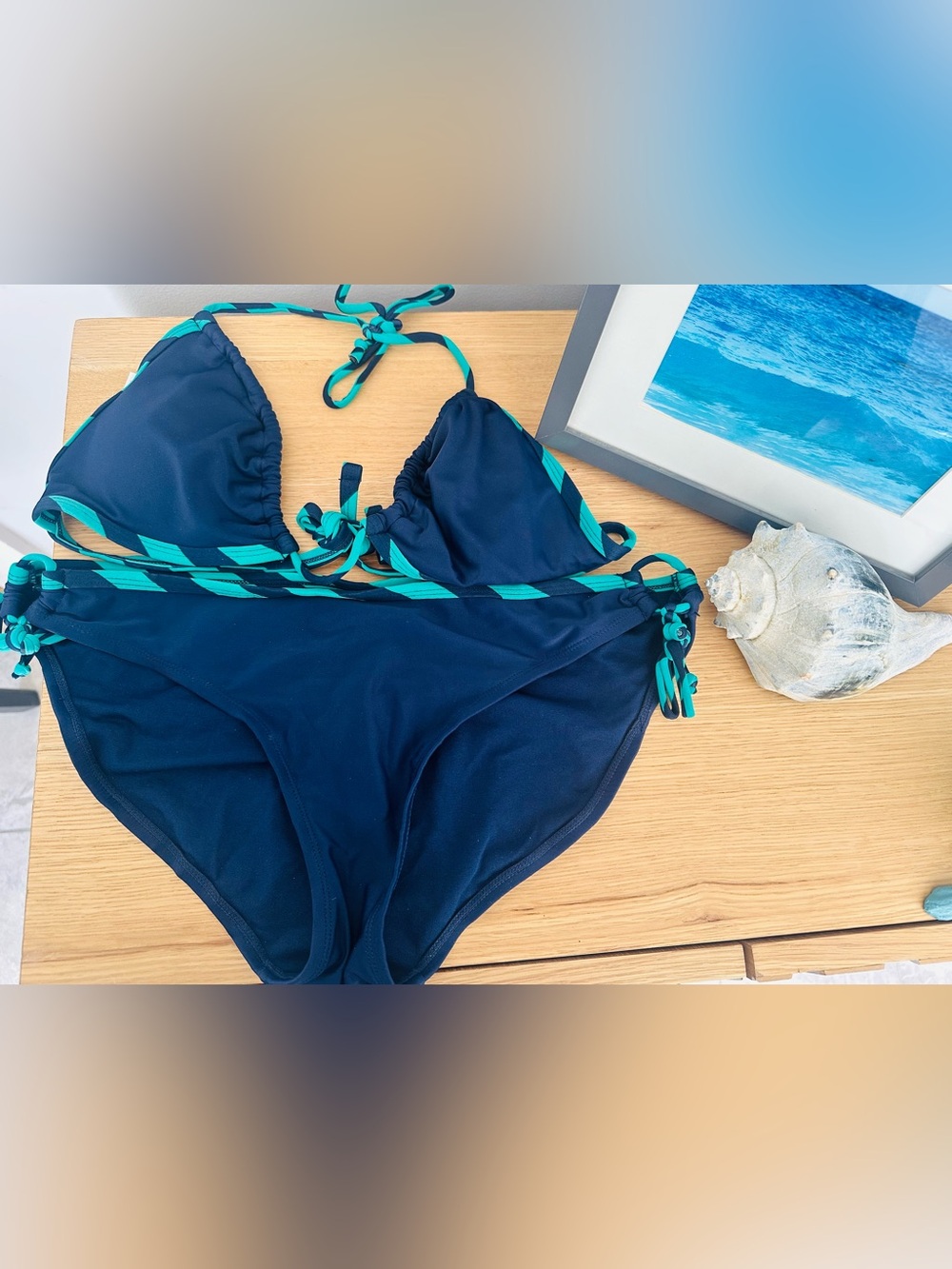 Navy blue green stripe trim bikini